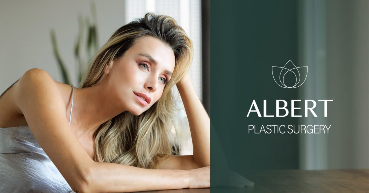 Woman Resting Arm on Table next to Albert Plastic Surgery Logo